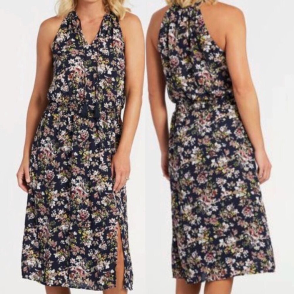 ALLISON JOY STITCH FIX EVEREVE Corbin Midi Floral Dress Navy Blue Tassel Tie Bow